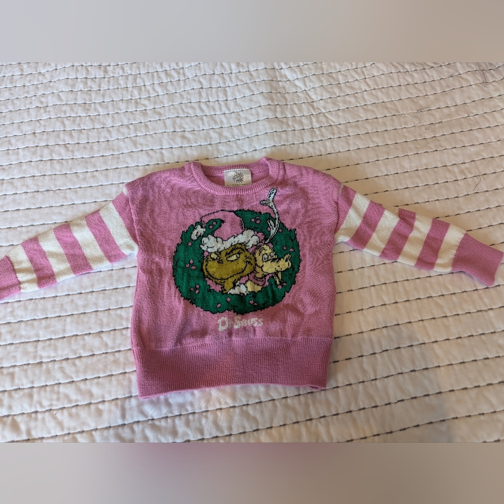 Grinch Pink and White Striped Kids Christmas Sweater